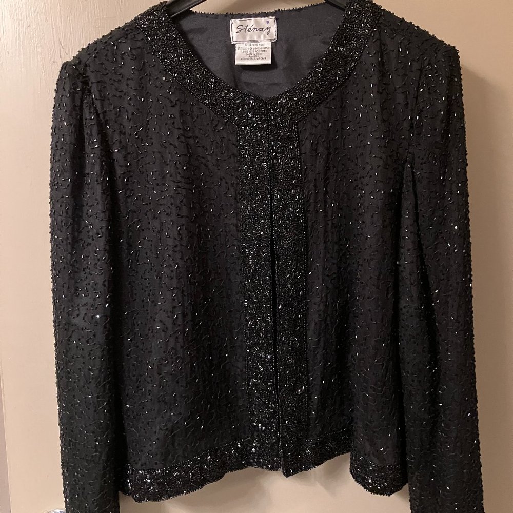 Stenag 100% Silk Jacket Black Beads, Elegant, Small Medium
